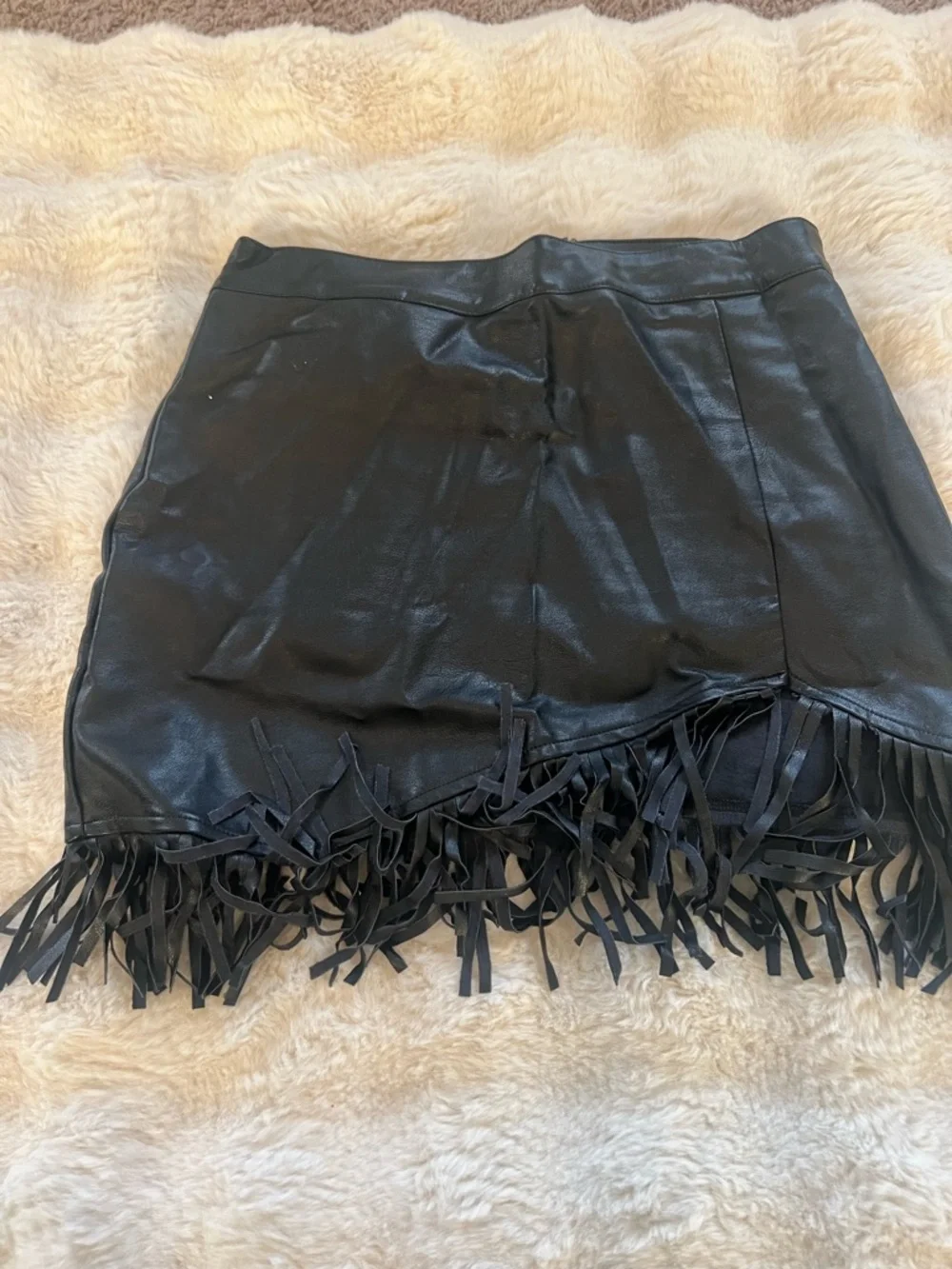 Black Faux Leather Fringe Mini Skirt - Picture 1 of 3